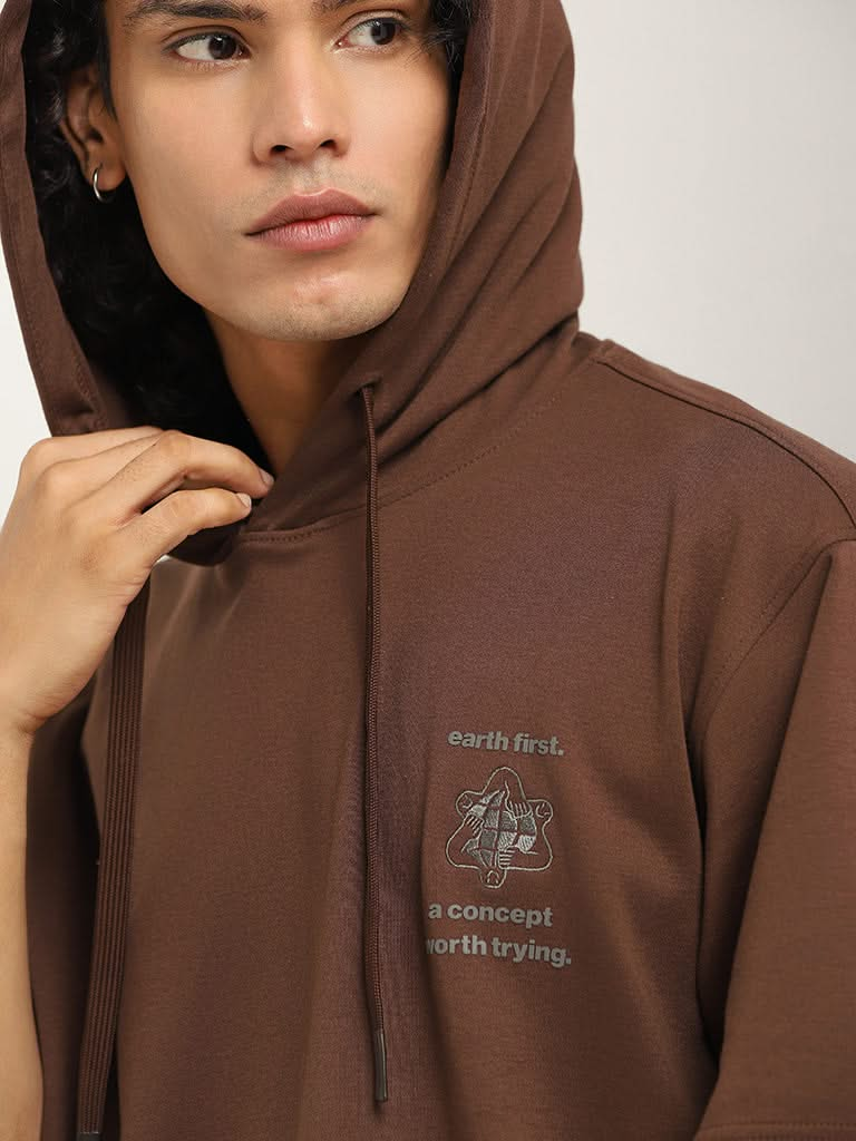 Studiofit Brown Hoodie Relaxed Fit T-Shirt