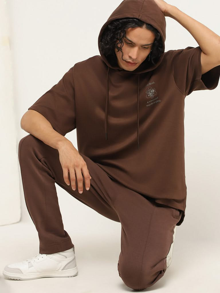 Studiofit Brown Hoodie Relaxed Fit T-Shirt