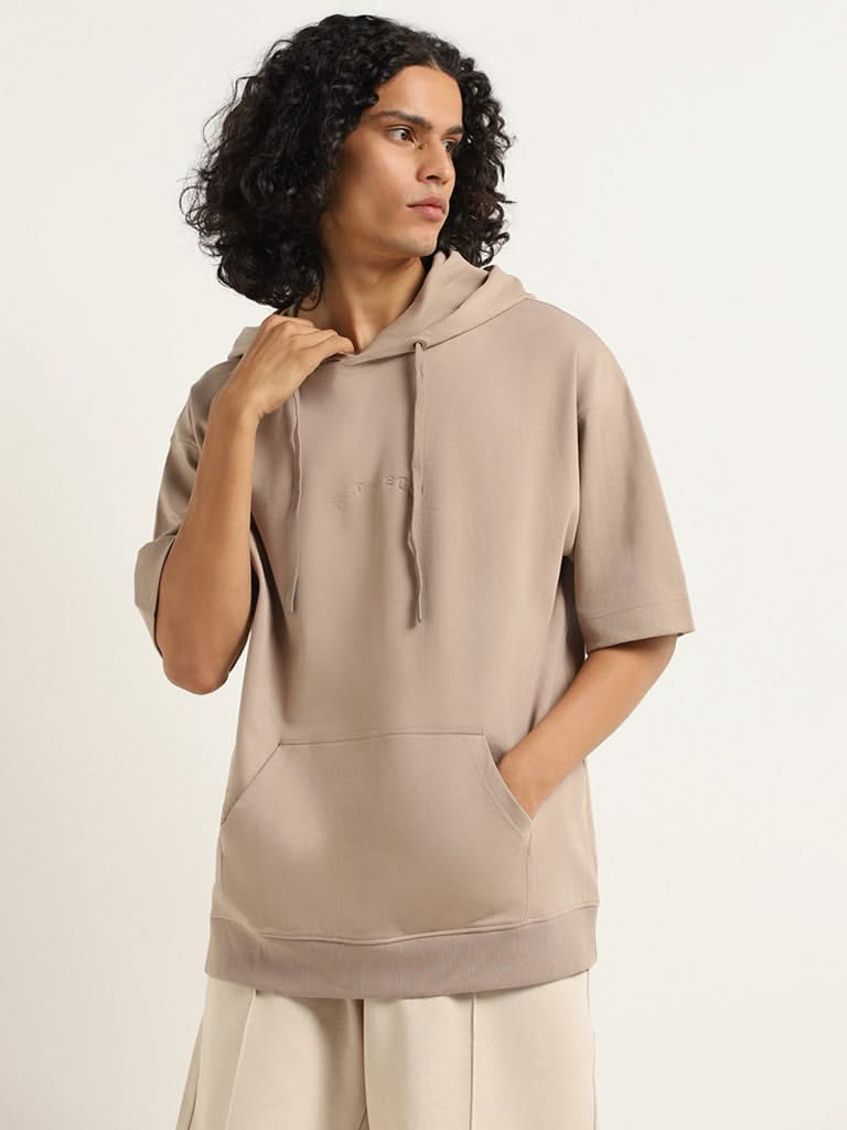 Studiofit Taupe Hoodie Cotton Blend Relaxed Fit T-Shirt