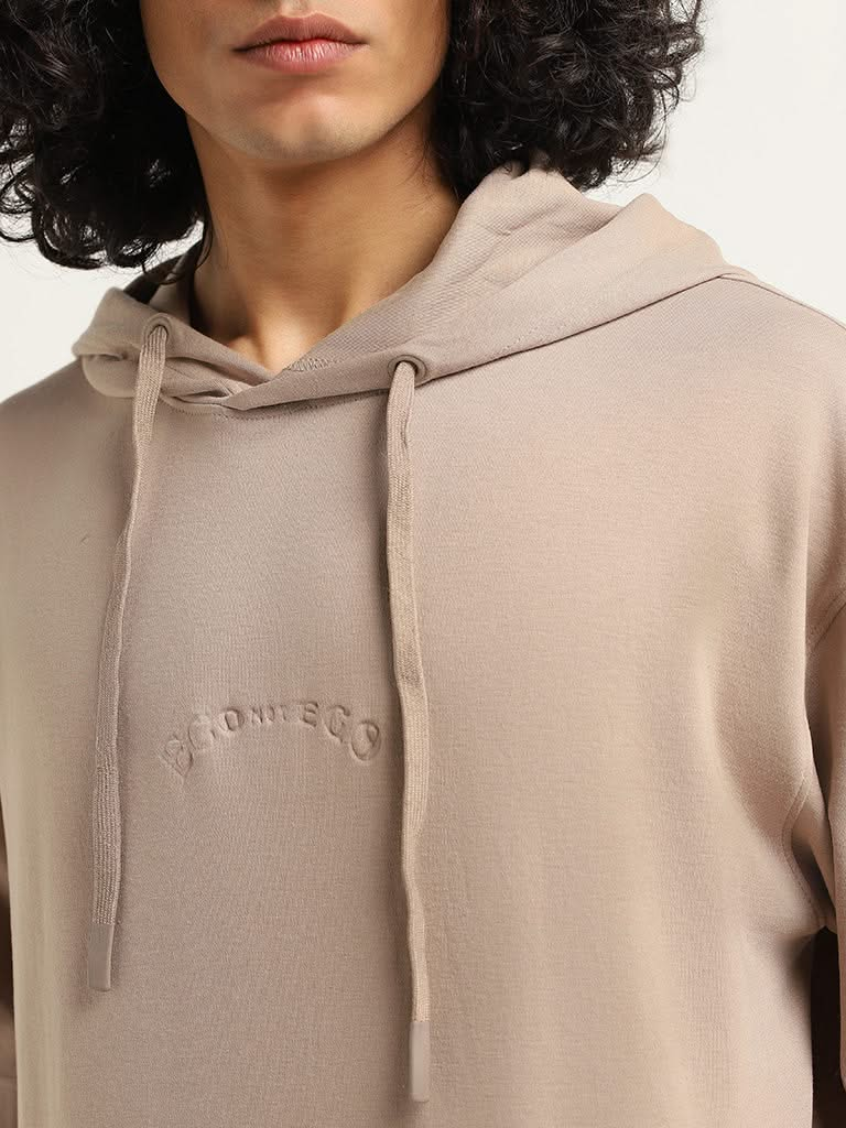 Studiofit Taupe Hoodie Cotton Blend Relaxed Fit T-Shirt