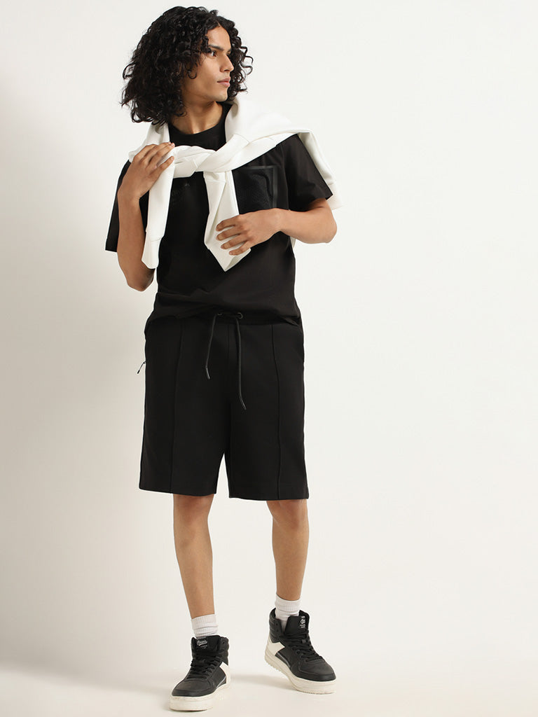 Studiofit Plain Black Cotton Blend Relaxed Fit Shorts