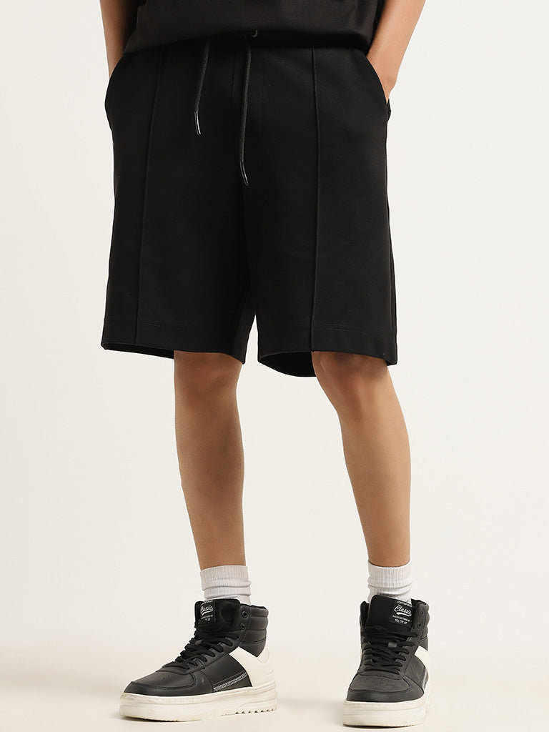 Studiofit Plain Black Cotton Blend Relaxed Fit Shorts