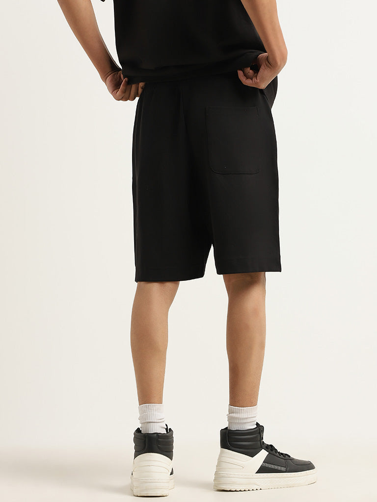 Studiofit Plain Black Cotton Blend Relaxed Fit Shorts