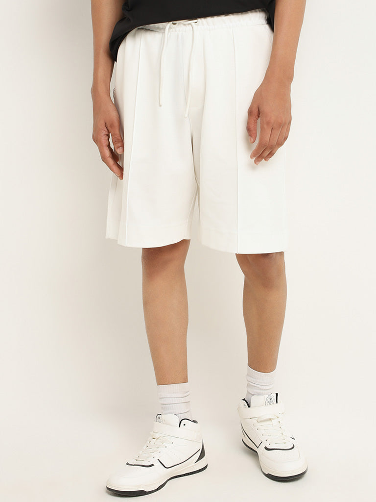 Studiofit Plain Off-White Cotton Blend Relaxed Fit Shorts