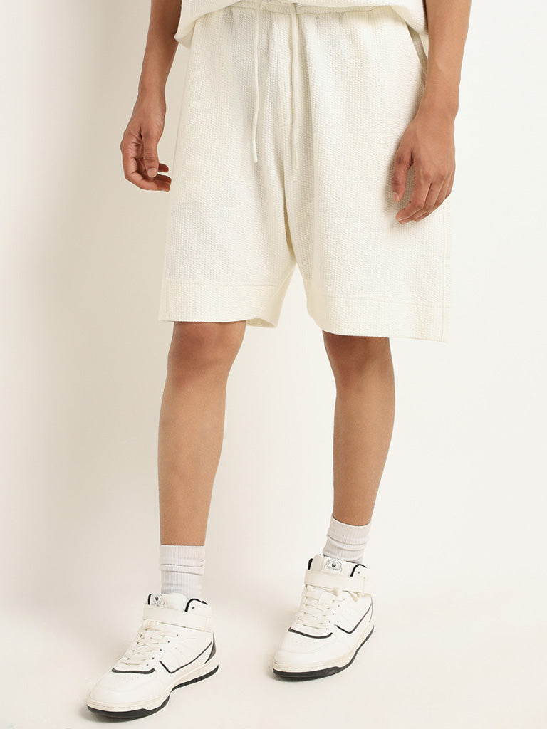 Studiofit Off-White Solid Cotton Blend Relaxed Fit Shorts