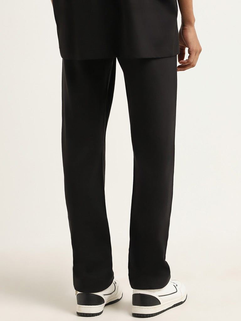 Studiofit Black Plain Cotton Blend Relaxed Fit Track Pants