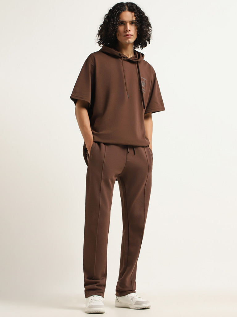 Studiofit Brown Plain Cotton Blend Relaxed Fit Track Pants