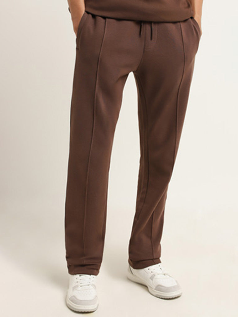 Studiofit Brown Plain Cotton Blend Relaxed Fit Track Pants