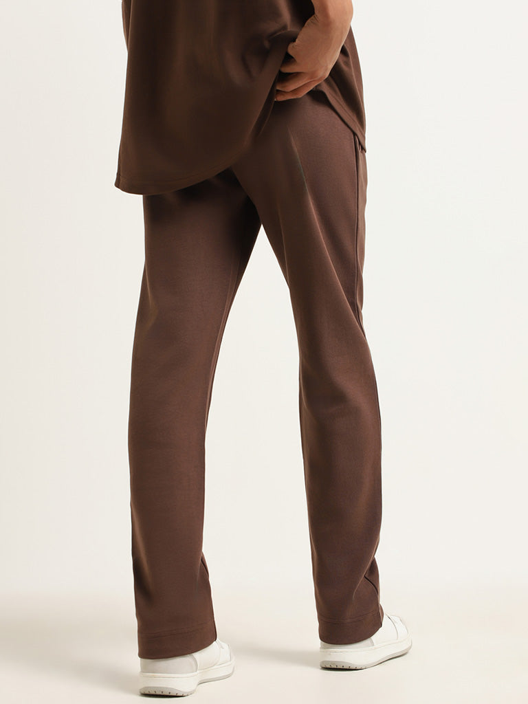 Studiofit Brown Plain Cotton Blend Relaxed Fit Track Pants