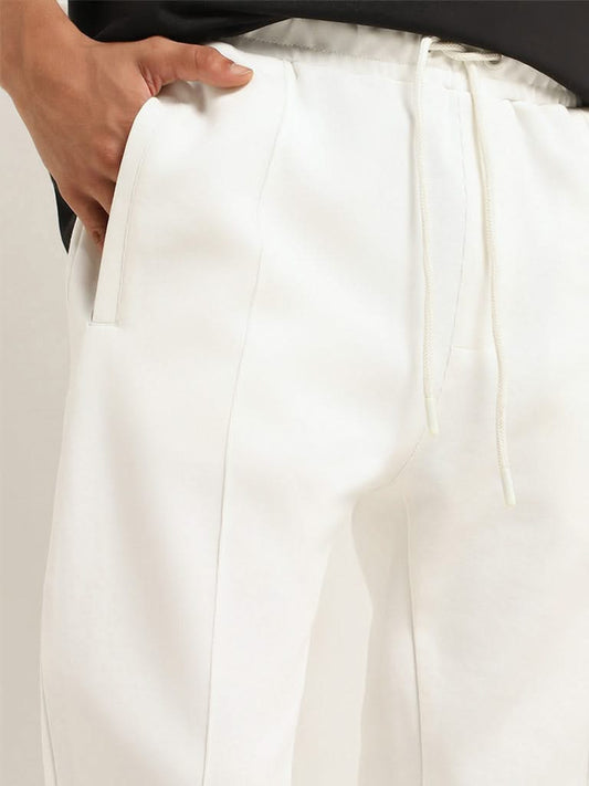 Studiofit Off-White Plain Cotton Blend Relaxed Fit Track Pants