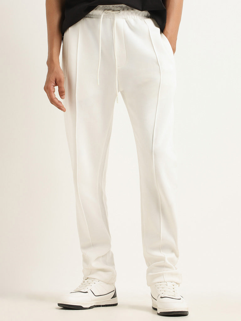 Studiofit Off-White Plain Cotton Blend Relaxed Fit Track Pants