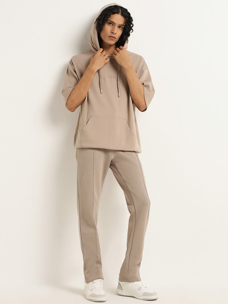 Studiofit Beige Plain Cotton Blend Relaxed Fit Track Pants