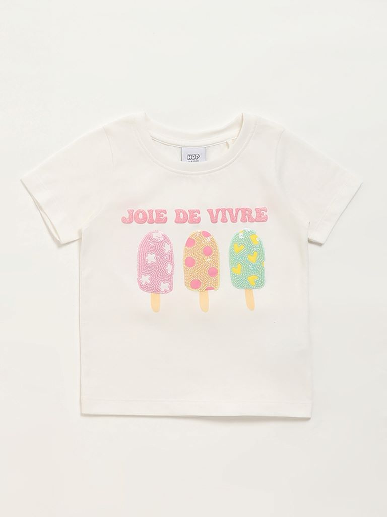 HOP Kids Off-White Embellished T-Shirt