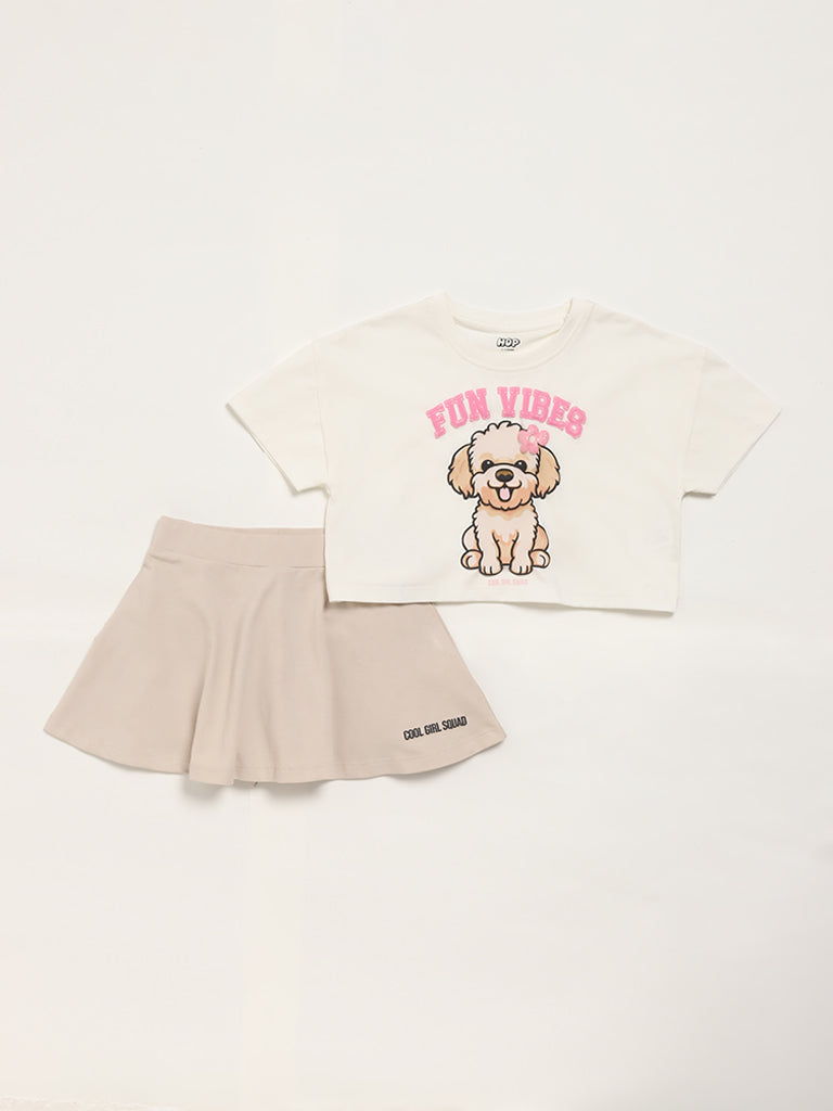 HOP Kids Beige Skirt with Printed Crop Top