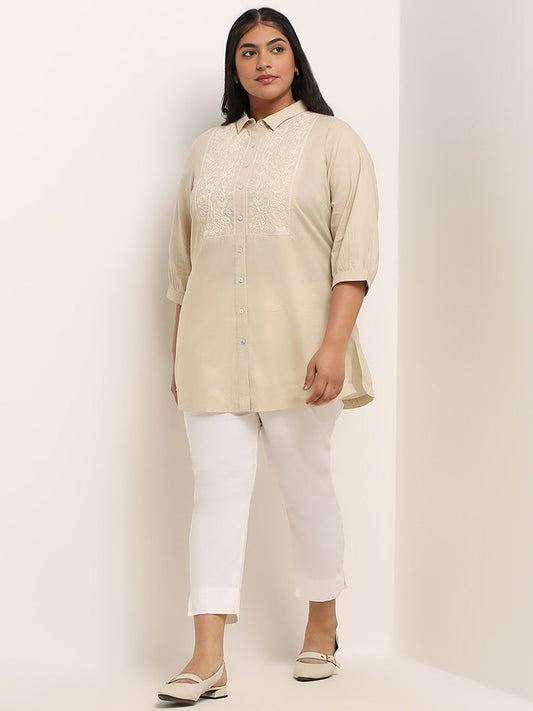 Diza Light Beige Embroidered Cotton Tunic