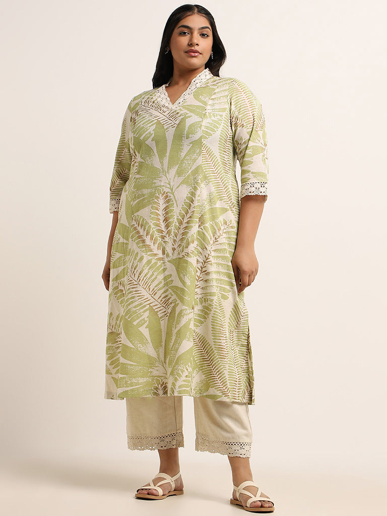 Diza Green Leaf Printed Blended Linen Kurta