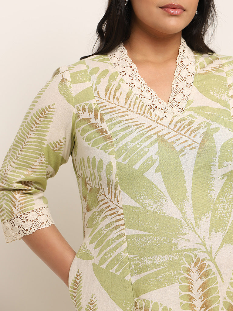 Diza Green Leaf Printed Blended Linen Kurta