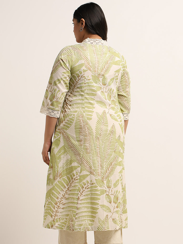 Diza Green Leaf Printed Blended Linen Kurta