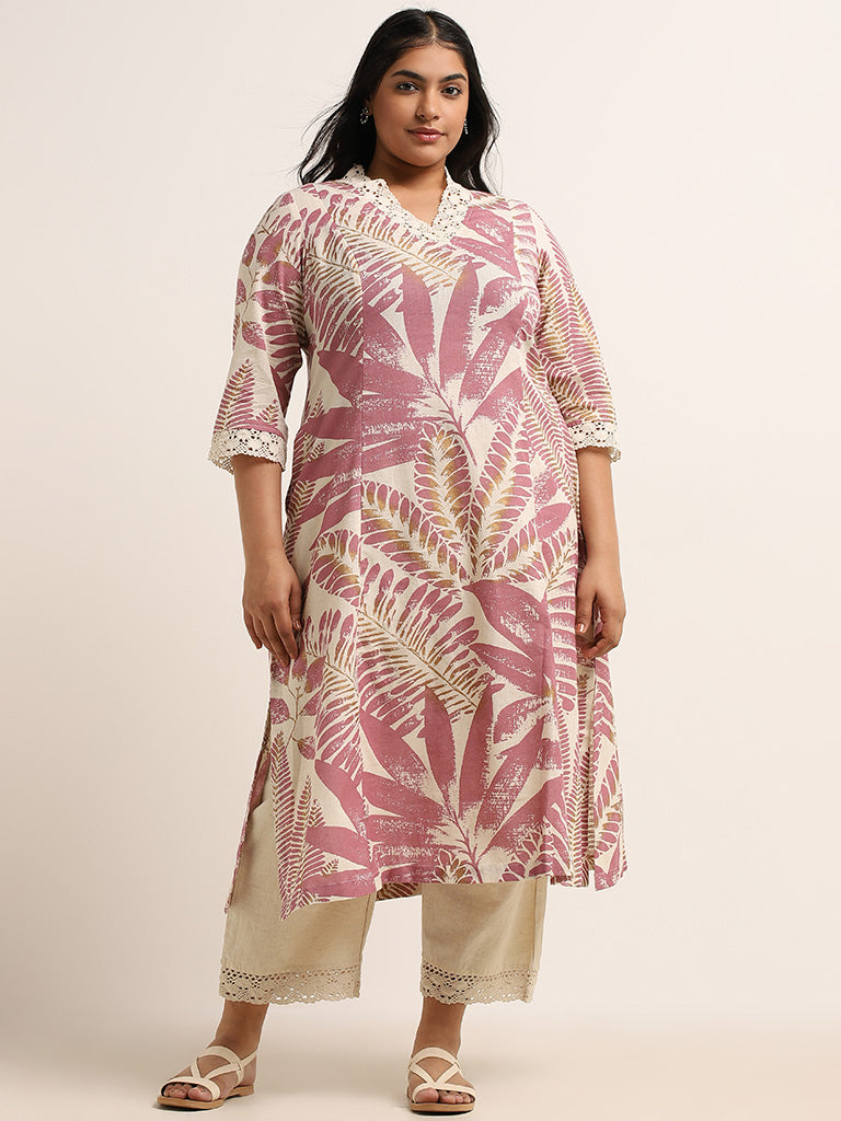 Diza Dusky Pink Leaf Printed Blended Linen Kurta