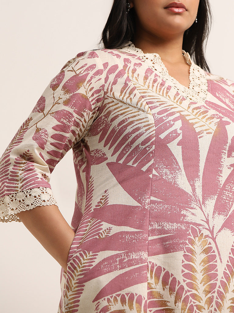 Diza Dusky Pink Leaf Printed Blended Linen Kurta