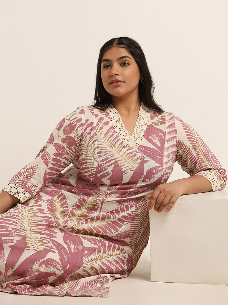 Diza Dusky Pink Leaf Printed Blended Linen Kurta