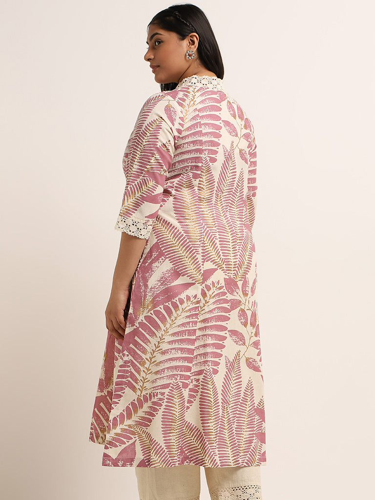 Diza Dusky Pink Leaf Printed Blended Linen Kurta