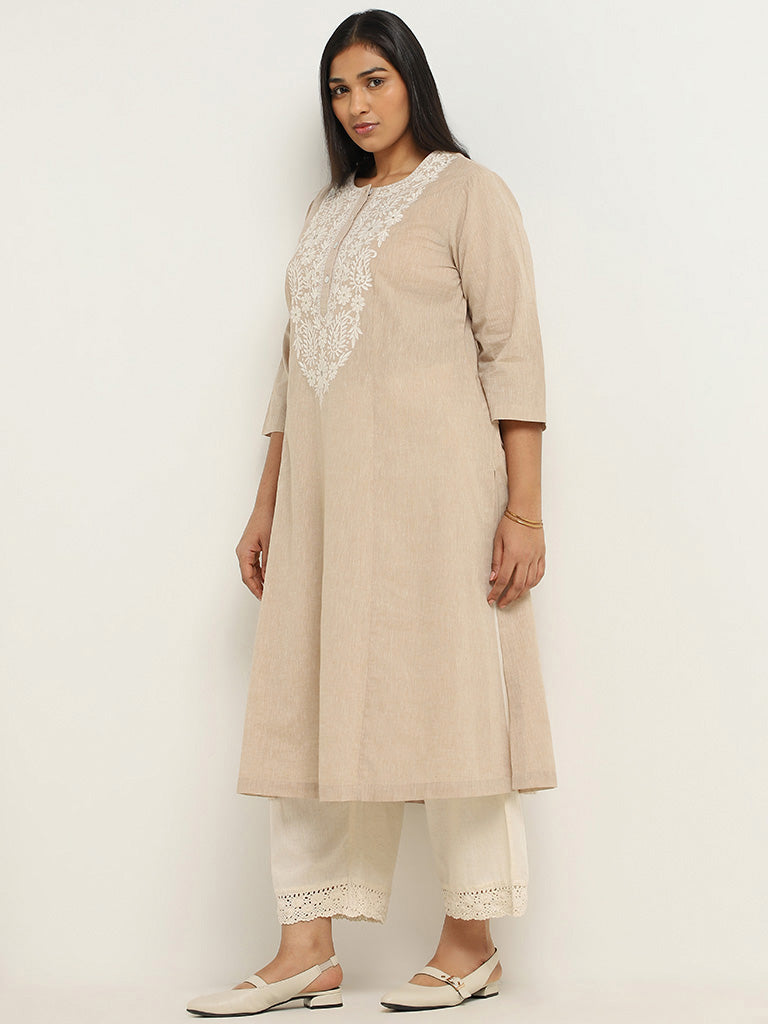 Diza Beige Floral Embroidered Cotton Kurta