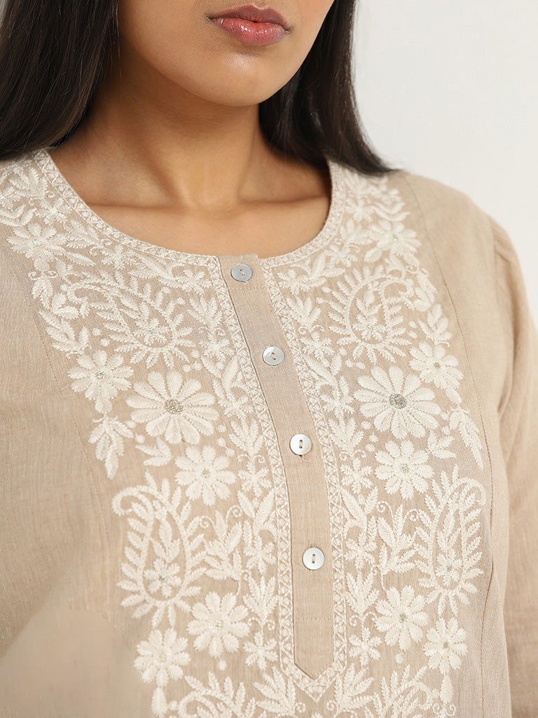 Diza Beige Floral Embroidered Cotton Kurta