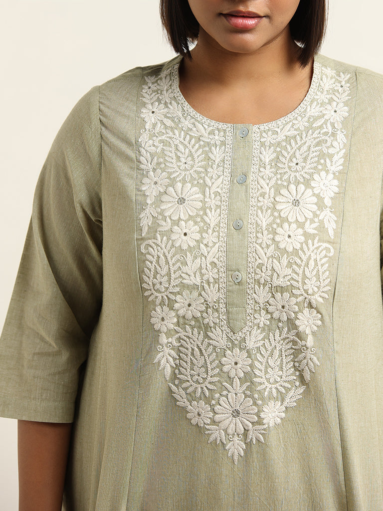 Diza Green Embroidered Cotton Kurta