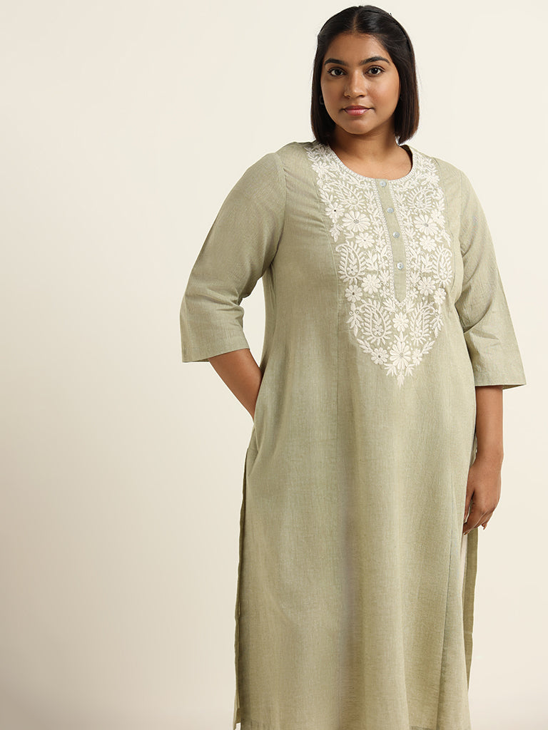 Diza Green Embroidered Cotton Kurta