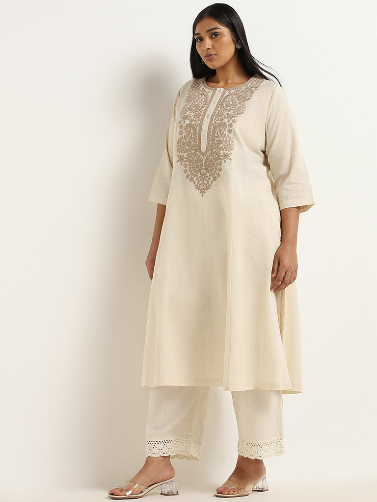 Diza Off-White Embroidered Blended Linen Kurta