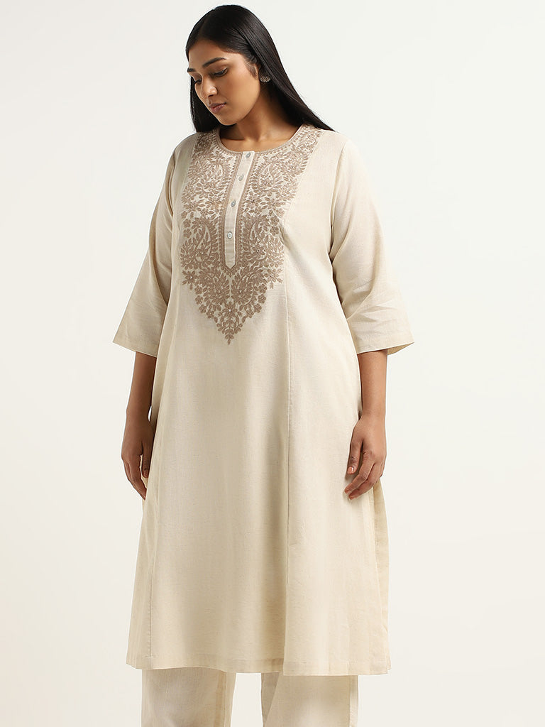 Diza Off-White Embroidered Blended Linen Kurta