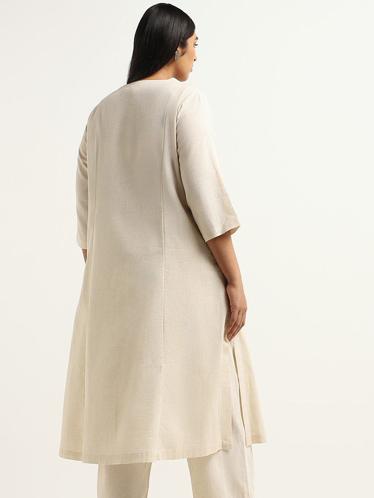 Diza Off-White Embroidered Blended Linen Kurta