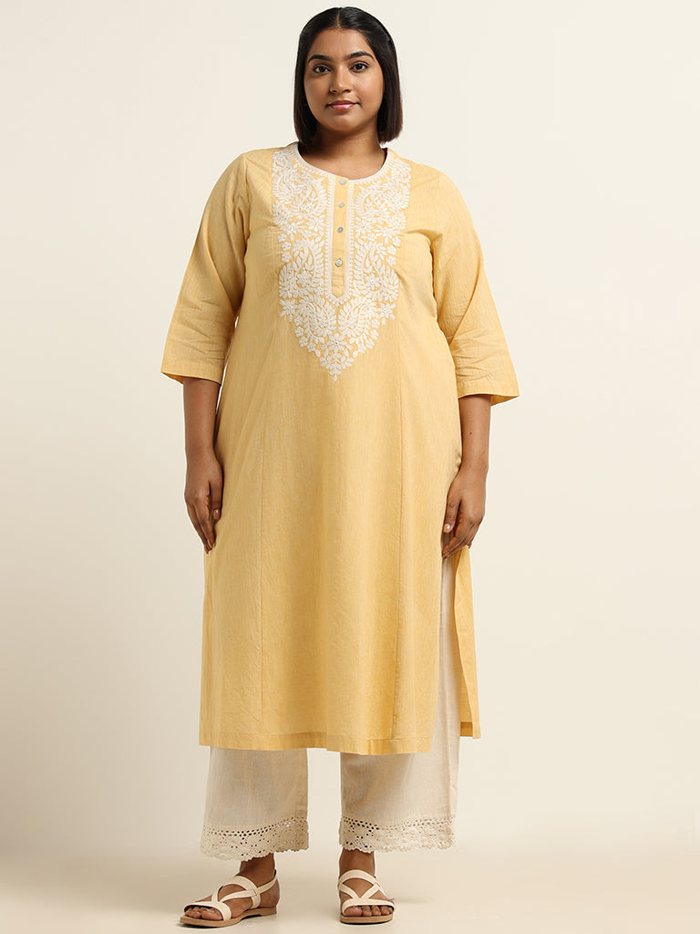 Diza Yellow Embroidered Cotton Kurta