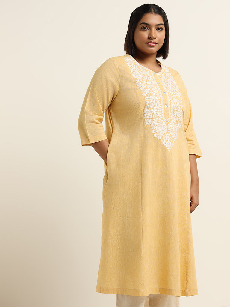 Diza Yellow Embroidered Cotton Kurta