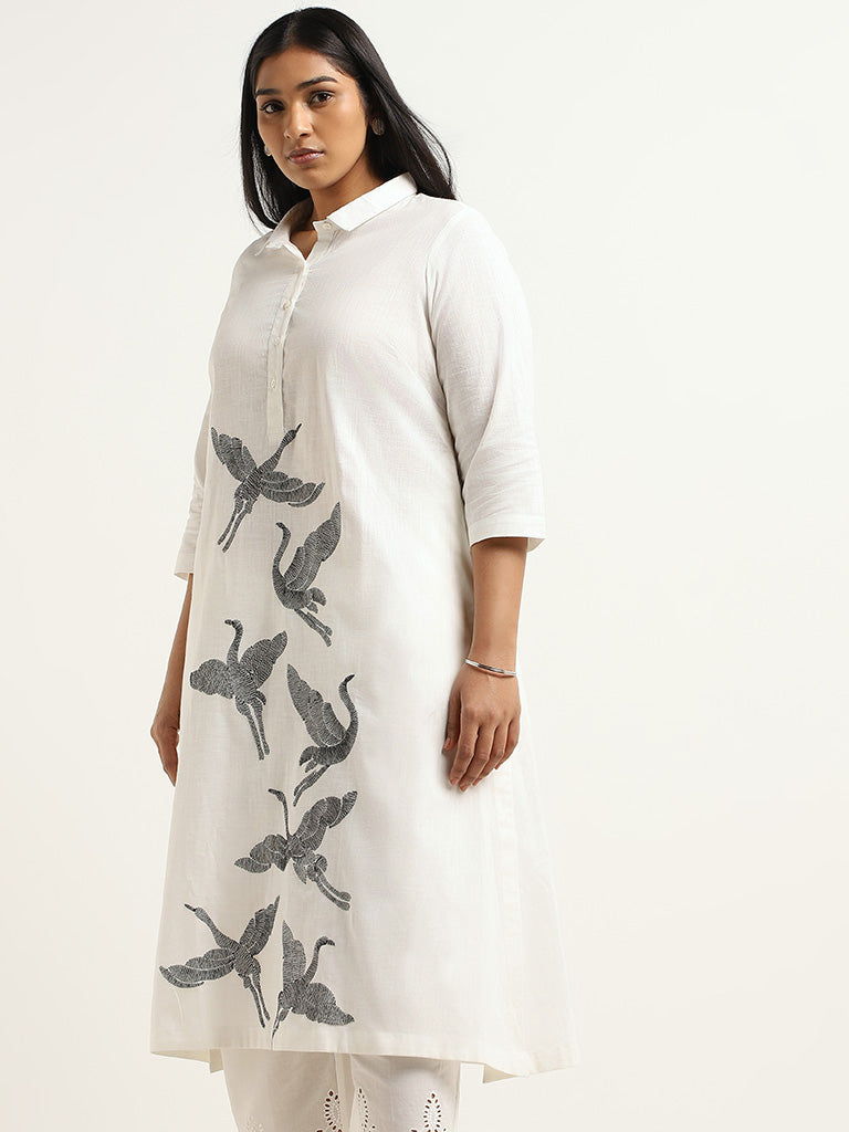 Diza White Embroidered Cotton Kurta