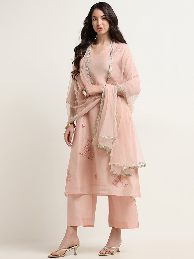 Vark Pink Embroidered Cotton Blend Kurta Set