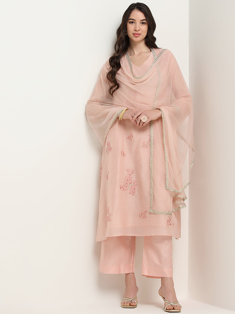 Vark Pink Embroidered Cotton Blend Kurta Set