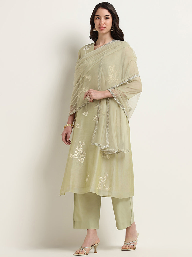 Vark Sage Floral Embroidered Cotton Blend Kurta Set