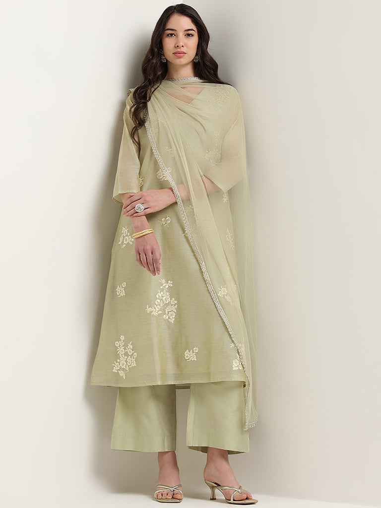 Vark Sage Floral Embroidered Cotton Blend Kurta Set