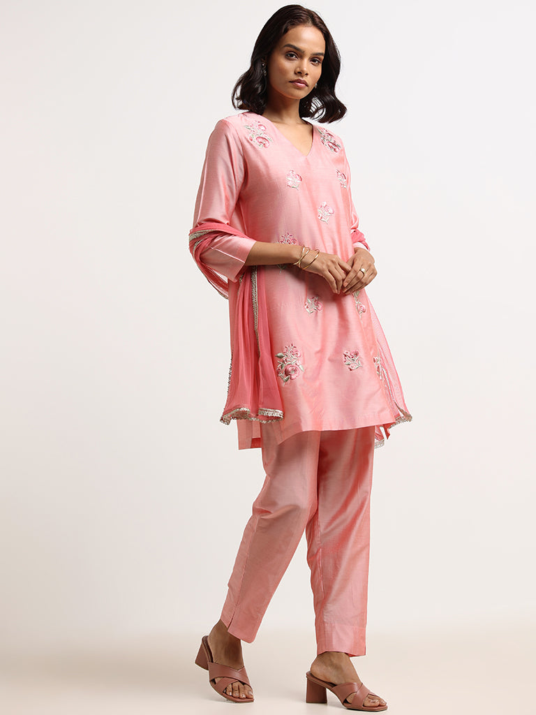 Vark Pink Embroidered Kurta, Pants & Dupatta Set