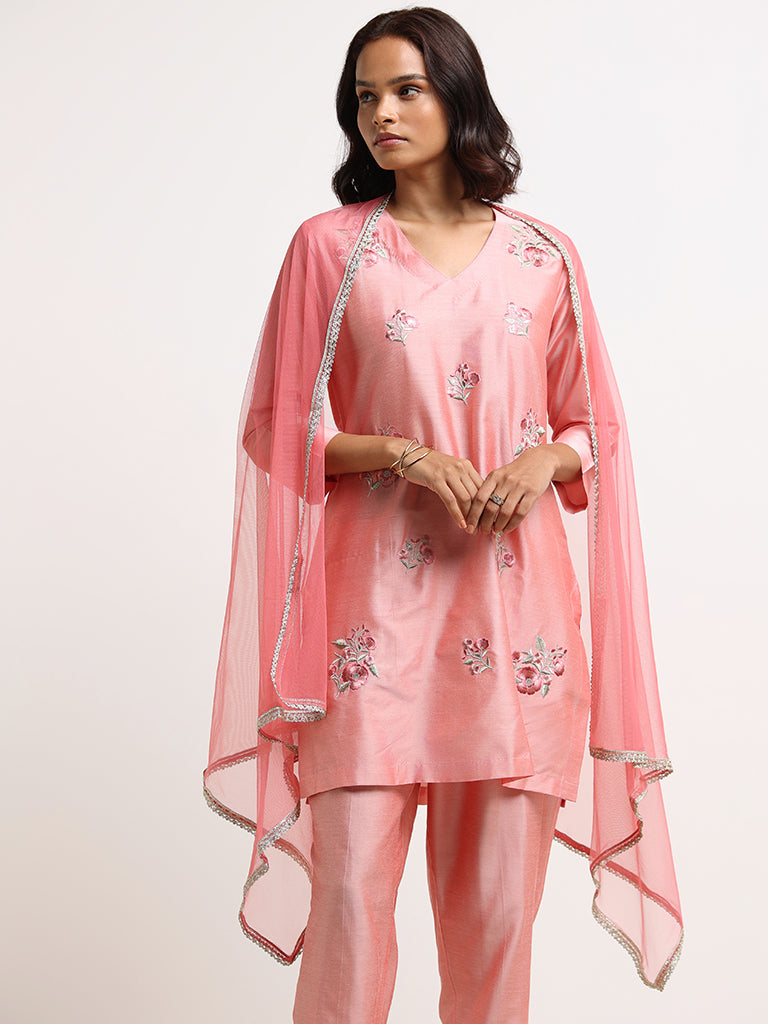 Vark Pink Embroidered Kurta, Pants & Dupatta Set