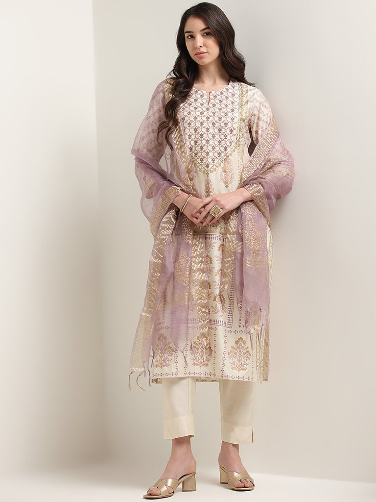 Vark Lilac Floral Embroidered Kurta Set