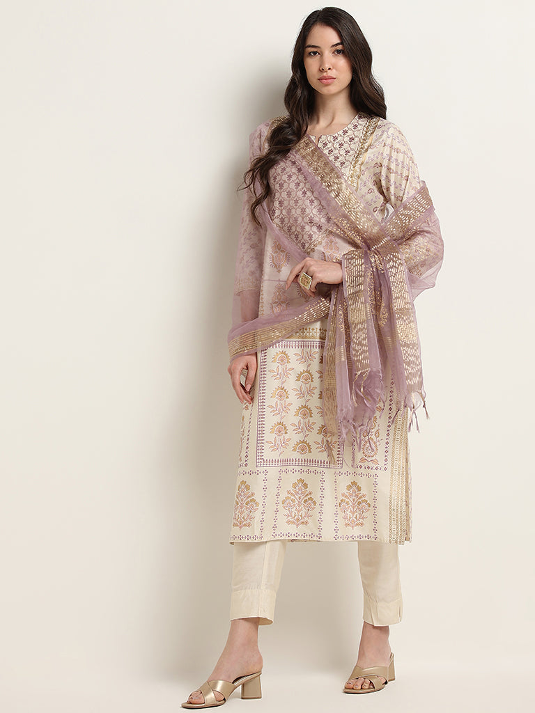 Vark Lilac Floral Embroidered Kurta Set