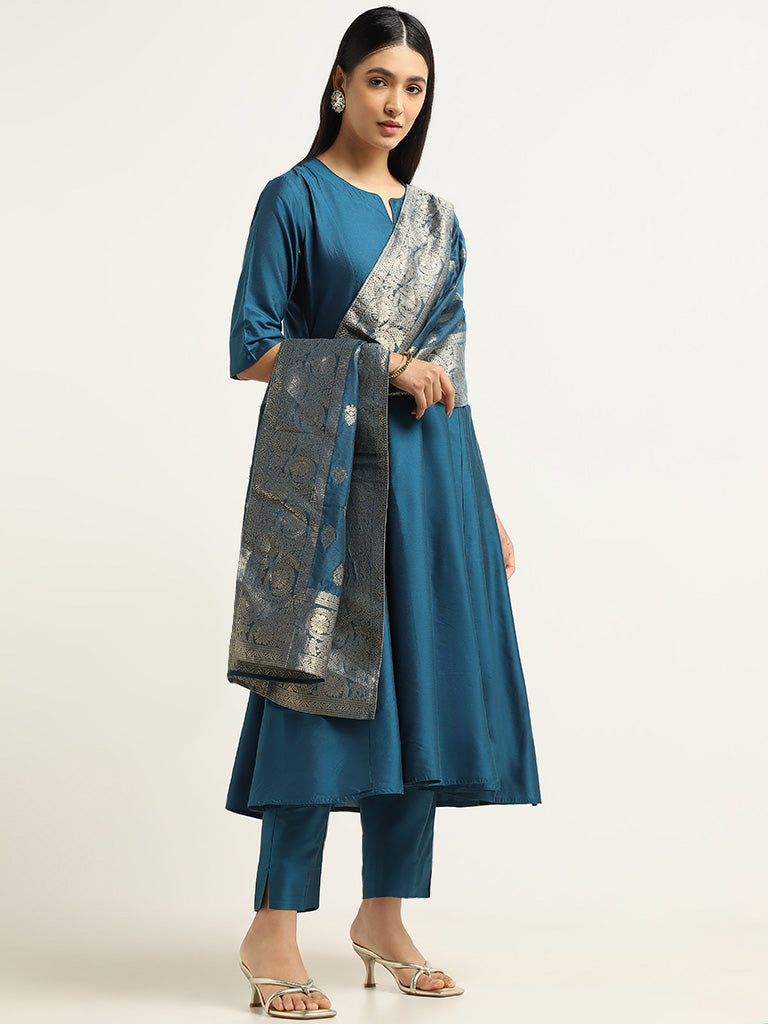 Vark Navy Kurta, Palazzos & Brocade Dupatta Set