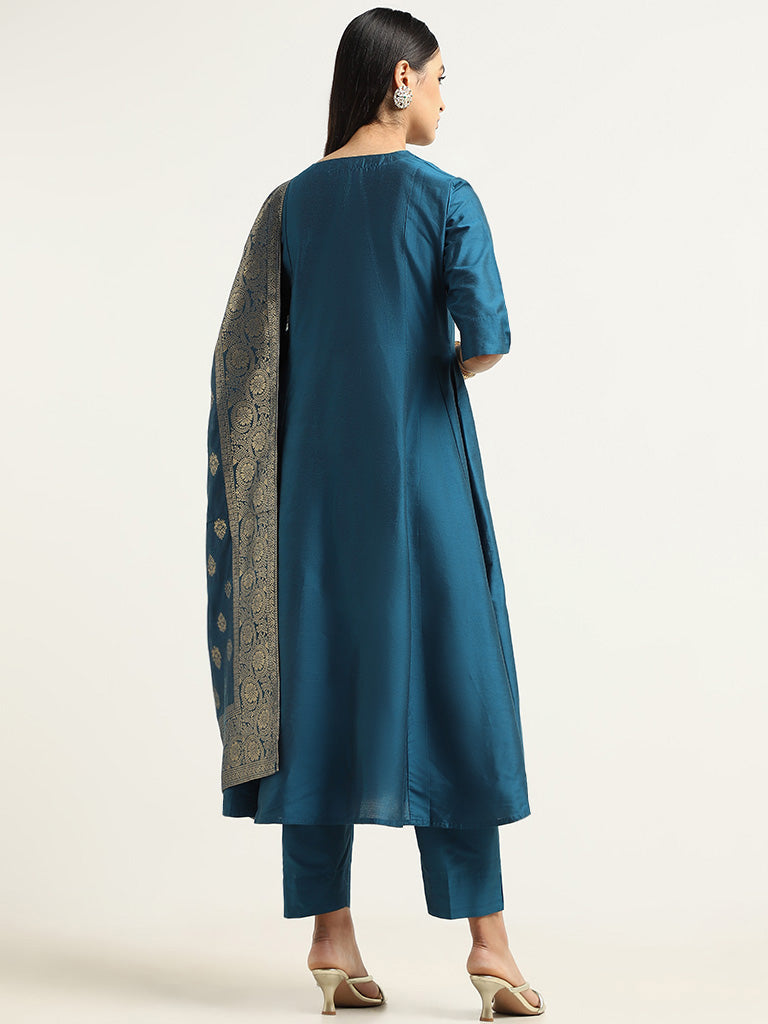 Vark Navy Kurta, Palazzos & Brocade Dupatta Set