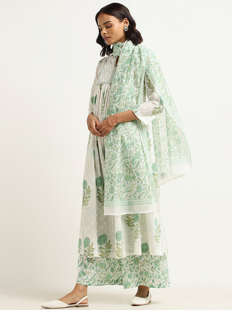 Zuba Green Floral Cotton Blend Dupatta