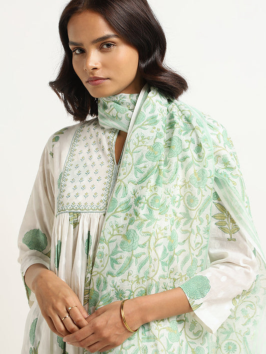 Zuba Green Floral Cotton Blend Dupatta