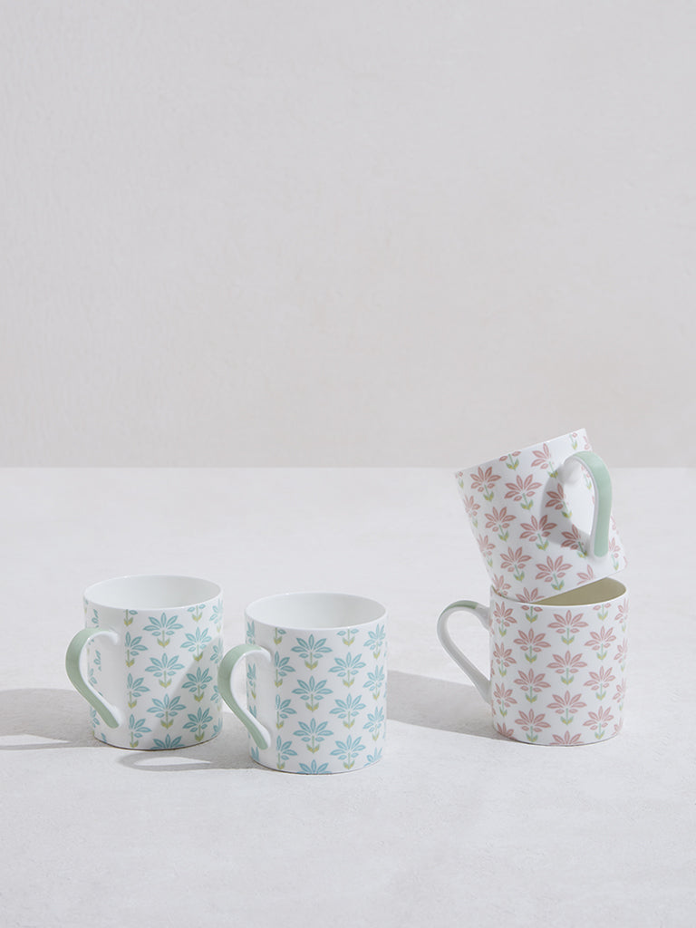 Westside Home Pink and Aqua Floral Mugs - (Set of 4)