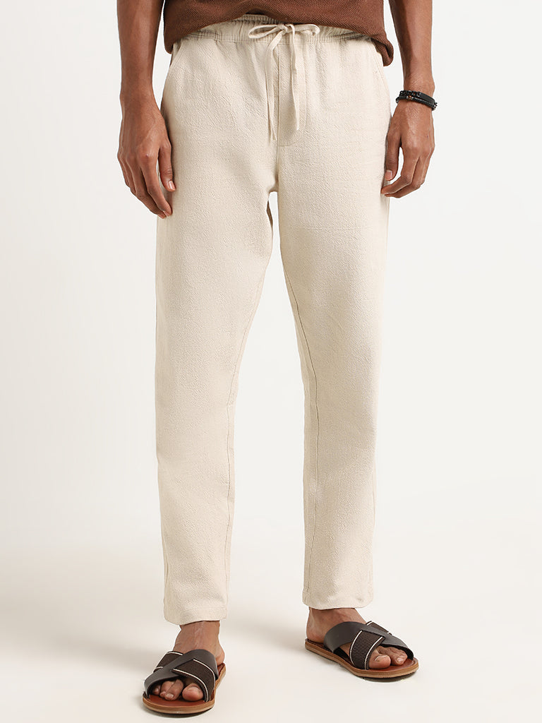 ETA Solid Beige Cotton Slim Fit Chinos